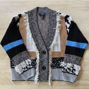 Attitudes by Renee Cardigan Sweater Fringe Black White Funky Whimsical Eclectic